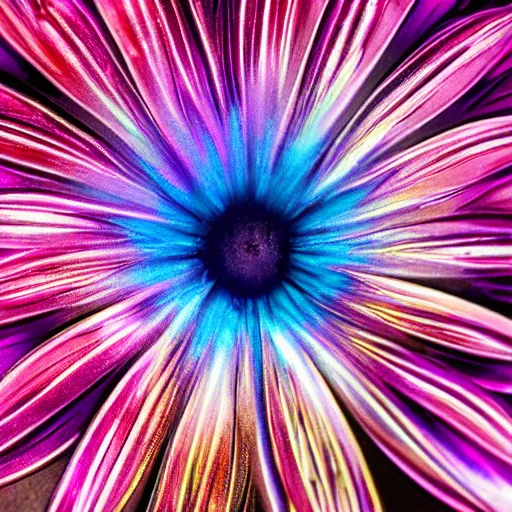 Prompt: An ultra high definition studio photograph of an alien flower in a simple vase. The flower is multicoloured iridescent. High contrast, key light, 70mm, close up.