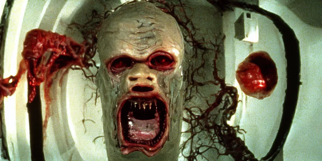 Image similar to filmic extreme wide shot movie still 4k UHD interior 35mm film color photograph of a a detached snarling distorted deformed human head protruding out of a mutated abstract shape shifting organism made of human internal organs, in the style of a horror film The Thing 1982