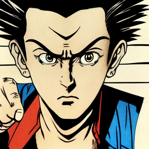 Image similar to young boy angry with pompadour hair, art by katsuhiro otomo, tetsuo hara, hirohiko araki, jotaro kujo, banchou, action pose, manga cover