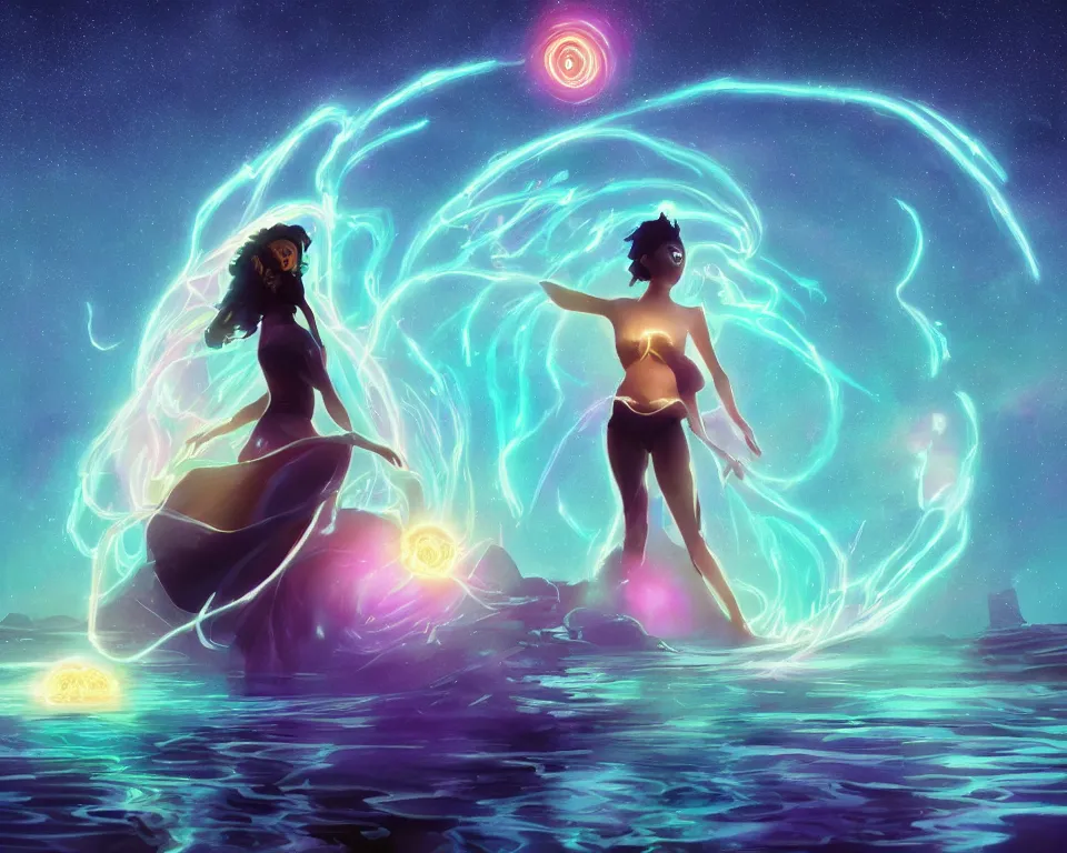 Prompt: a beautiful whimsical goddess standing on a lake basking in the moonlight, firebending, underneath a multi-colored binary blackhole with an accretion disc, glowing trails following her arms, wearing professional makeup, synthwave, by Lois van Baarle, by Greg Rutkowski, by artgerm, by beeple, by studio ghibli, cinematic angle, volumetric lighting, 4k resolution, octane render, trending on artstation, masterpiece
