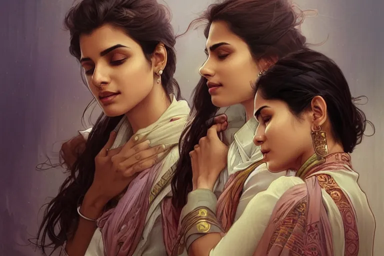 Image similar to Sensual good looking pale young Indian doctors wearing jeans in an airport, portrait, elegant, intricate, digital painting, artstation, concept art, smooth, sharp focus, illustration, art by artgerm and greg rutkowski and alphonse mucha