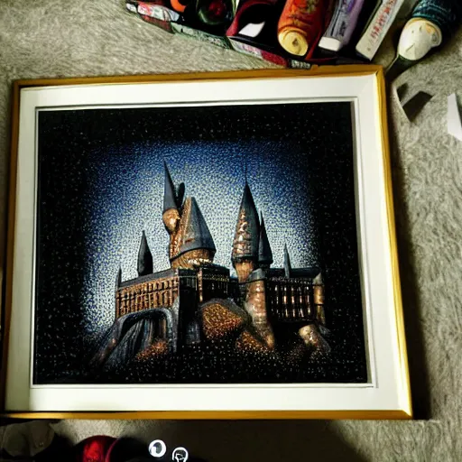 Prompt: a film still of harry potter, pointillism artwork by craig mulling