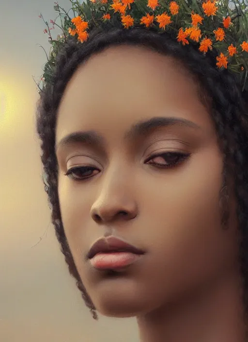 Image similar to oil painting close up portrait of a serene young black woman with long dark flowing hair in a white dress, wearing a crown of wildflowers!! at sunset, hazy, digital art, chiaroscuro, artstation, cinematic, golden hour, digital art painting by greg rutkowski, william - adolphe bouguereau, hazy atmosphere, cinematic lighting