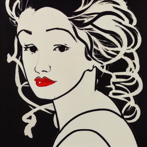 Image similar to beautiful female portrait in ink by james jean, by andy warhol, by roy lichtenstein, by egon schiele