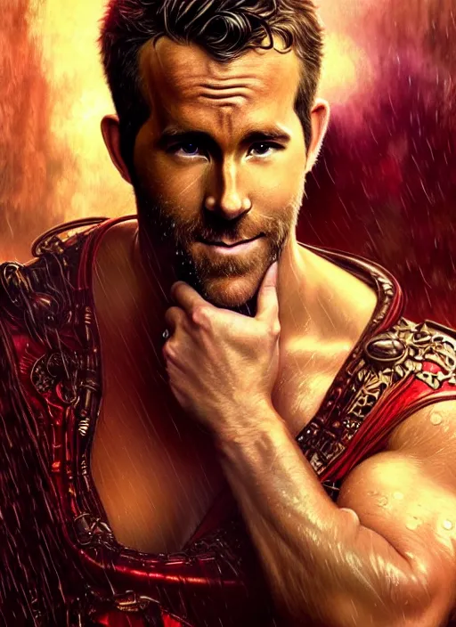 Image similar to portrait of ryan reynolds, d & d, wet, shiny, fantasy, intricate, elegant, hyper detailed, ultra definition, photoreal, artstation, unreal engine rendered, concept art, smooth, sharp focus, illustration, art by artgerm and greg rutkowski and alphonse mucha and garis edelweiss