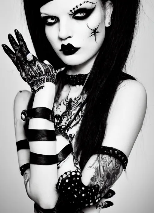 Prompt: black and white photo with a beautiful portrait of a goth girl with piercings in a collar with a mohawk hairstyle in a medieval dress. witch, true goth, makeup.