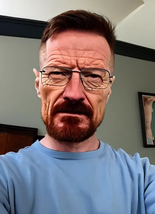 Image similar to img _ 1 1 5 2. jpg. walter white morning selfie. just woke up. candid, confused, looking at camera, snapchat, instagram, hashtags, front camera, tiktok, popular, realistic, real life