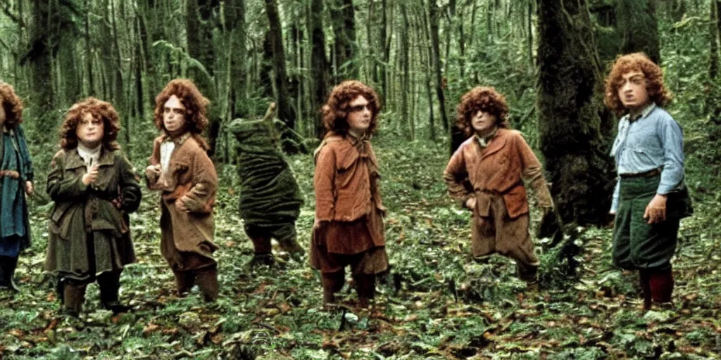 Image similar to A full color still from a Stanley Kubrick film featuring four hobbits, from behind, in a dark forest, 35mm, 1975