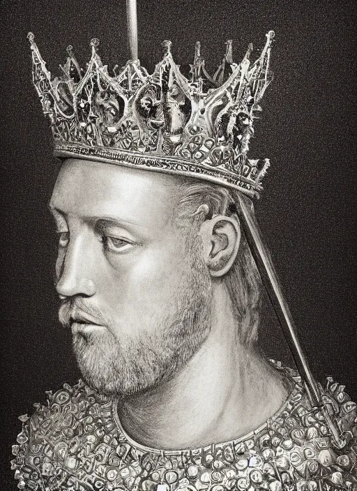 Image similar to portrait of king arthur knight with a crown with engravings, studio portrait against a black background, modern fine art, fractal, intricate, elegant, highly detailed, digital photography, subsurface scattering, in the style of ghost, by jheronimus bosch and yue minjun and giger and greg rutkowski,