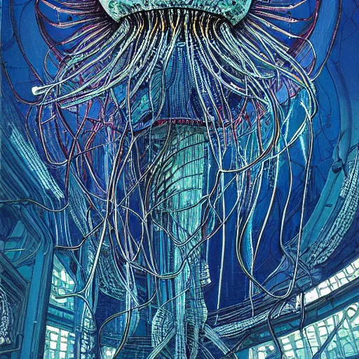 Image similar to a hyper detailed painting of a cyberpunk jellyfish, cables everywhere, blue tones, underwater, futuristic hi-tech details, art by jean giraud