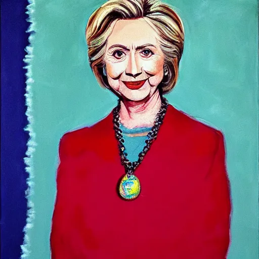 Image similar to very very very colorful portrait of hillary clinton wearing a beautiful necklace, painted by mark rothko