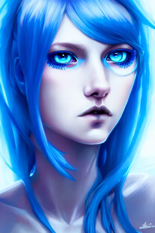 Image similar to a young, slender girl, with blue hair and bright blue eyes, hyperrealistic face, beautiful eyes, fantasy art, intricate, hyperdetalized, smooth, cyberpunk, tech