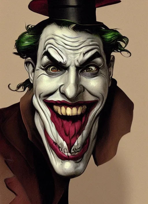 Image similar to a still of a Jewish caricature as the Joker, hooked nose with a convex nasal bridge and a downward turn of the tip of the nose, Gotham city, sigma male, accurately portrayed, portrait art by alphonse mucha and greg rutkowski, highly detailed, digital painting, concept art, illustration, dim lighting with twilight rays of sunlight, trending on artstation, very detailed, smooth, sharp focus, octane render, close up