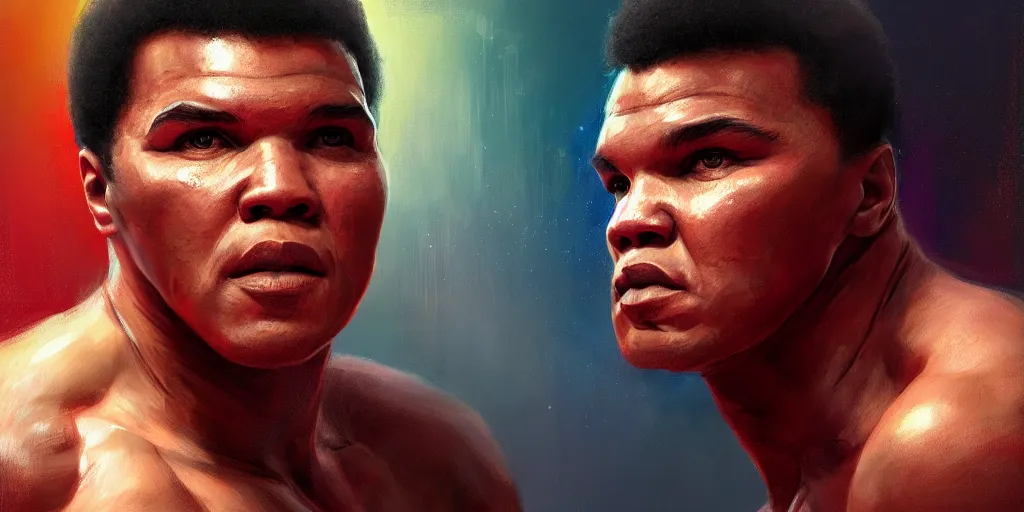 Image similar to portrait of muhammad ali in boxing ring, extremely detailed digital painting, in the style of fenghua zhong and ruan jia and jeremy lipking and peter mohrbacher, mystical colors, rim light, beautiful lighting, 8 k, stunning scene, raytracing, octane, trending on artstation