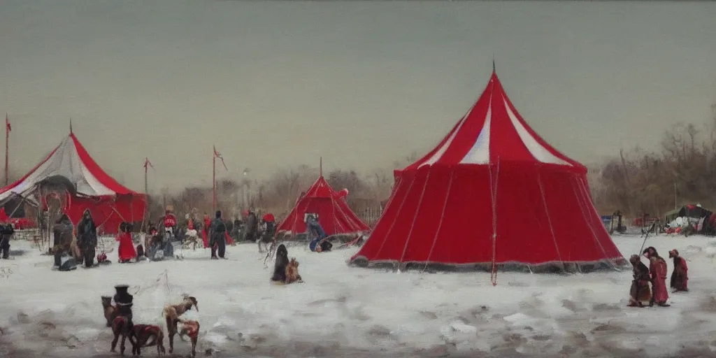 Prompt: a big circus in the snow ground, oil painting, red and white color