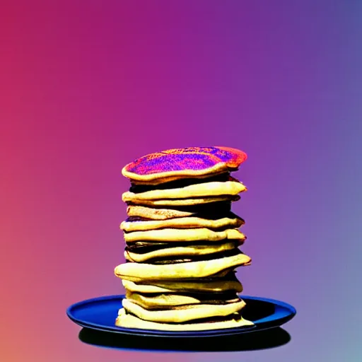 Image similar to a psychedelic stack of pancakes on a pedestal at an art museum, realistic photo, vaporwave style