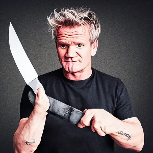 Image similar to gordon ramsey holding knife, famous chef gordon ramsey, angry, holding kitchen knife, butcher knife, phone camera, zoom