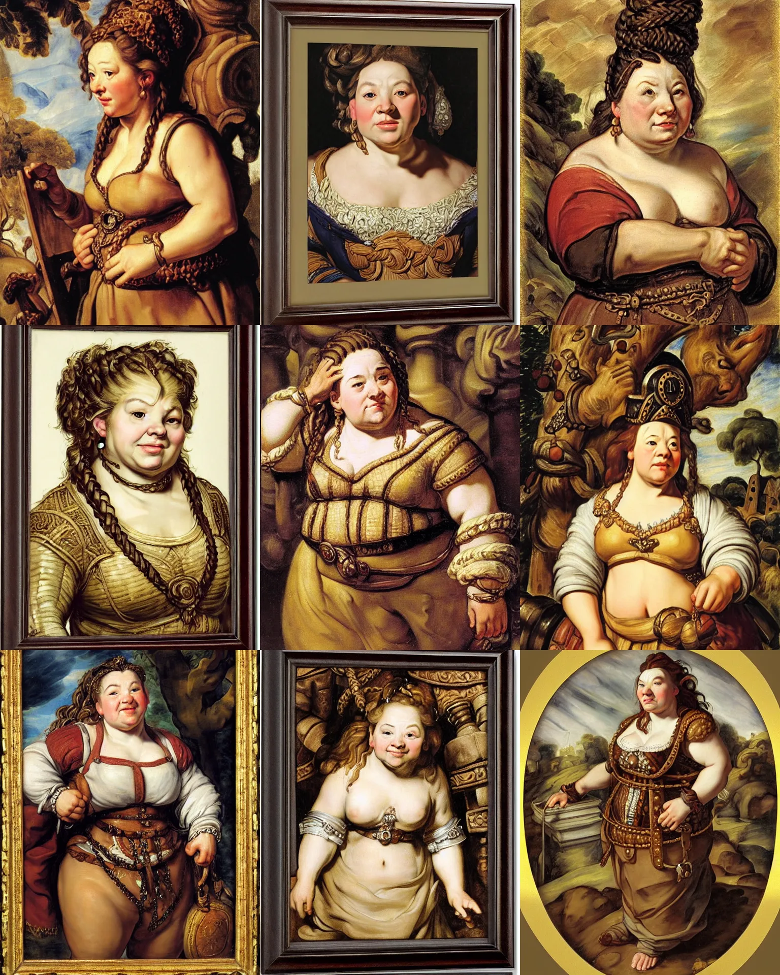 Prompt: female dwarven noblewoman, chubby short stature, braided intricate hair, by jacob jordaens