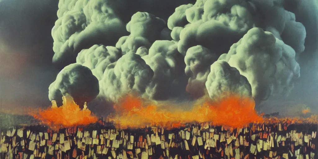 Prompt: Sacking of Washington DC, Mushroom Cloud, 1958, Oil on Canvas, Antiwar, dramatic, digital art