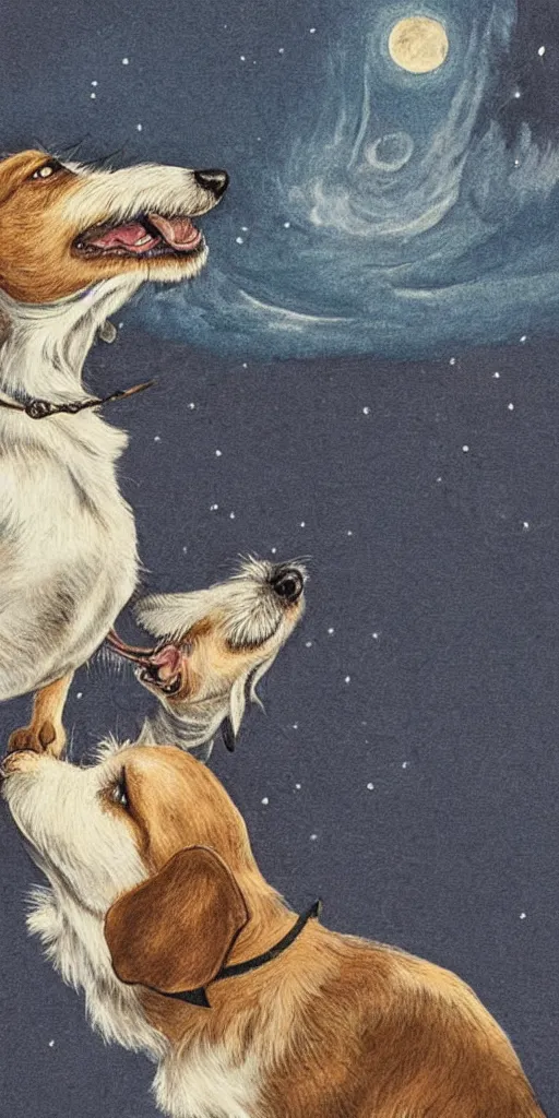 Image similar to portrait of jack russel dog looking up and howling with mouth open sad, night sky, highly detailed, side view, illustrated by peggy fortnum and beatrix potter and sir john tenniel