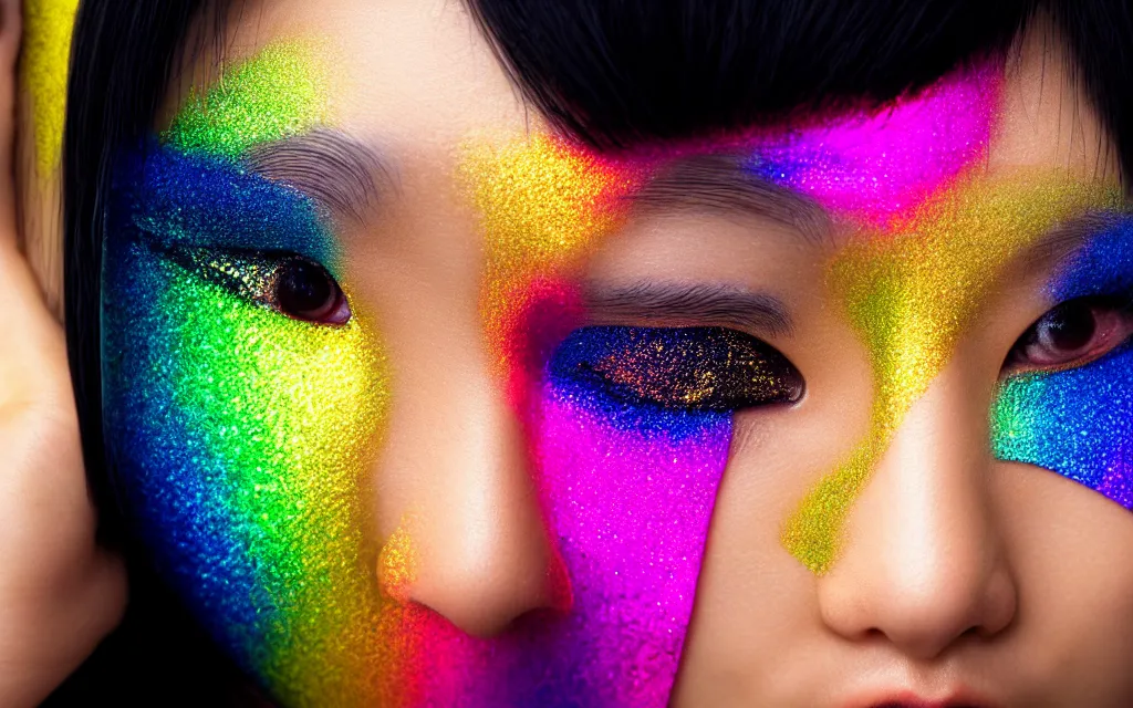 Image similar to japanese female ninja with mask and only eyes showing ; closeup goldenhour face photo with beautiful blue eyes with rainbow eyeshadow and ornate gold eyelashes, with rainbow light caustics