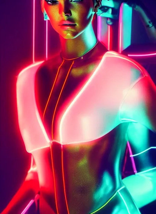 Prompt: a sensual kendall jenner humanoid with freckles cheeks, cyber neon lighting, futurism, intricate futuristic jewelry accessories, cyberpunk glossy latex swimsuit, profile posing, hyper photorealistic, crispy quality, digital photography, trending in artstation, trending in pinterest, cinematic, 4 k ultra hd, art by pascal blanche, art by greg rutkowski,