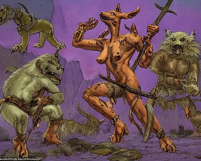 Image similar to Fantasy illustration by Larry Elmore - The pack of kobolds is crouched in a circle. They are snivelling canid humanoids, with scales of rust, and they carry spears. Their leader, a matronly female with numerous tattoos, kneels in the center of the circle and gathers the pulsing purple moss. She has a spear, but it lies across her lap.