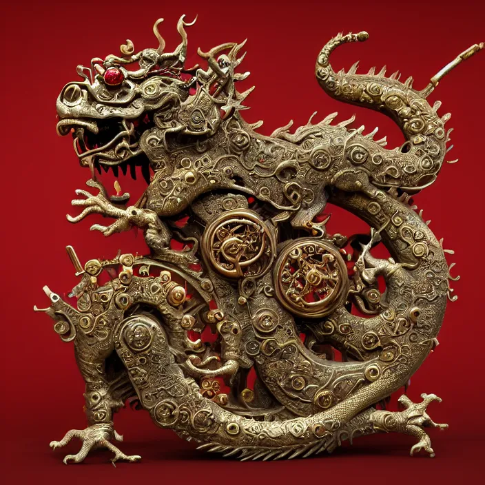 Image similar to highly detailed ancient clockwork artifact depicting a chinese dragon made of bronze and ivory and encrusted with precious rubies, beautiful patina, ethereal, esoteric, zbrush sculpt, octane render, intricate, ornate, cinematic lighting, hyperrealistic, ancient steampunk vibe