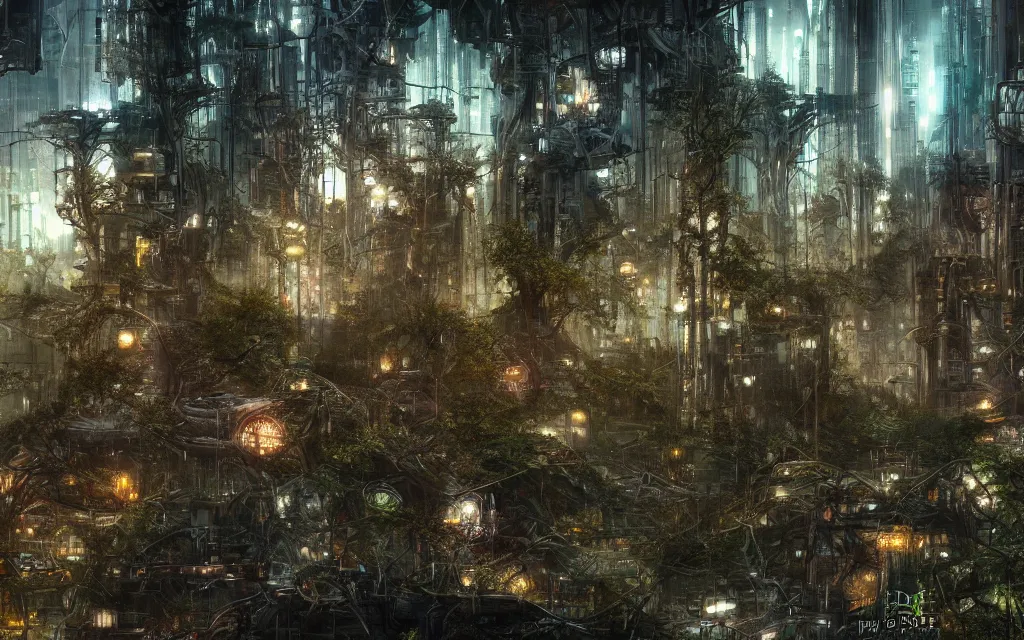 Prompt: a forest where gears and electronic parts grow on the trees tops, cyberpunk landscape wallpaper, d&d art, fantasy, painted, 4k, high detail, sharp focus