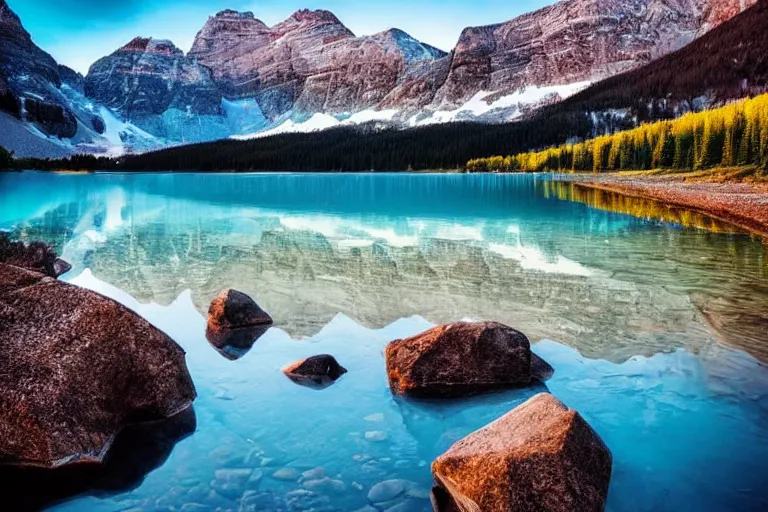 Image similar to beautiful landscape photography of the Rocky Mountains with a crystal blue lake, serene, dramatic lighting.