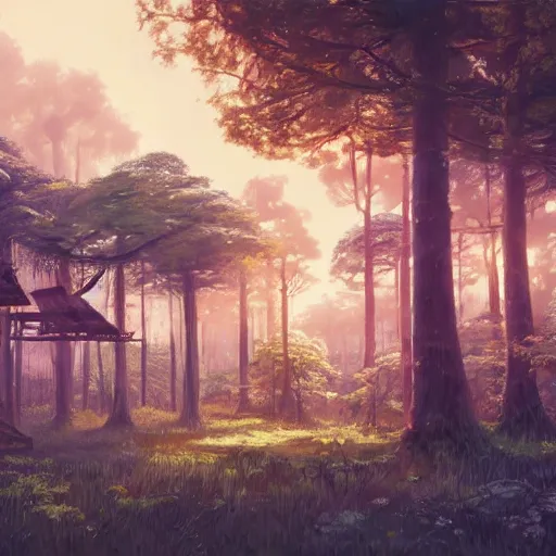 Image similar to concept art painting of treehouses made out of trees, trees with doors and windows in a deep forest, realistic, detailed, cel shaded, in the style of makoto shinkai and greg rutkowski and james gurney