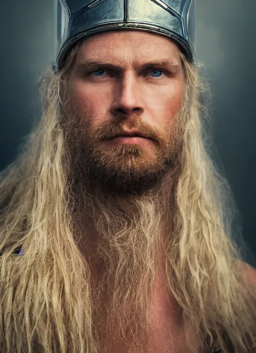 Image similar to closeup portrait of Valiant Thor, depth of field, zeiss lens, detailed, symmetrical, centered, fashion photoshoot, by Annie Leibovitz and Steve McCurry, David Lazar, Jimmy Nelsson, Breathtaking, 8k resolution, extremely detailed, beautiful, establishing shot, artistic, hyperrealistic, beautiful face, octane render