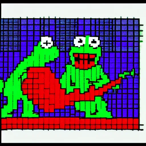 Image similar to 1 6 bit, pixel art, kermit the frog fighting a clown on the sidewalk, a clown is beat up on the floor by big kermit