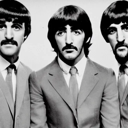 Prompt: a photo of paul, george, ringo and john all with a blank look on their faces, looking at one another