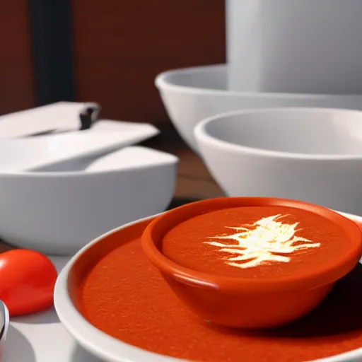 Image similar to kim kardashian in a bowl of tomato soup, photorealism, dynamic lighting, depth of field