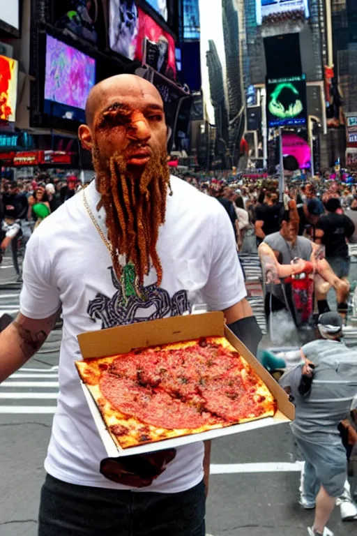 Image similar to a Cthulhu rapper eating pizza in Times Square