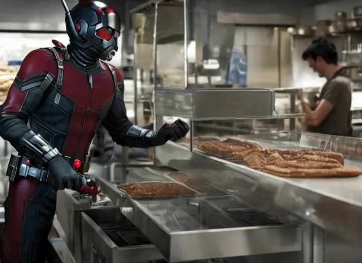 Prompt: film still of Antman working in a bakery in the new Avengers movie, 4k