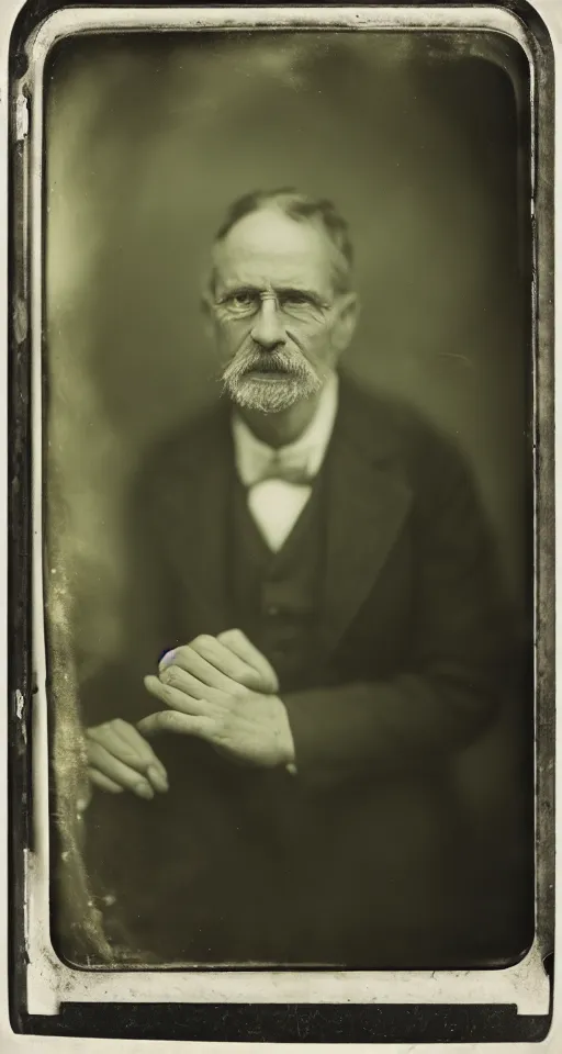 Image similar to a wet plate photograph, a portrait of a scientist