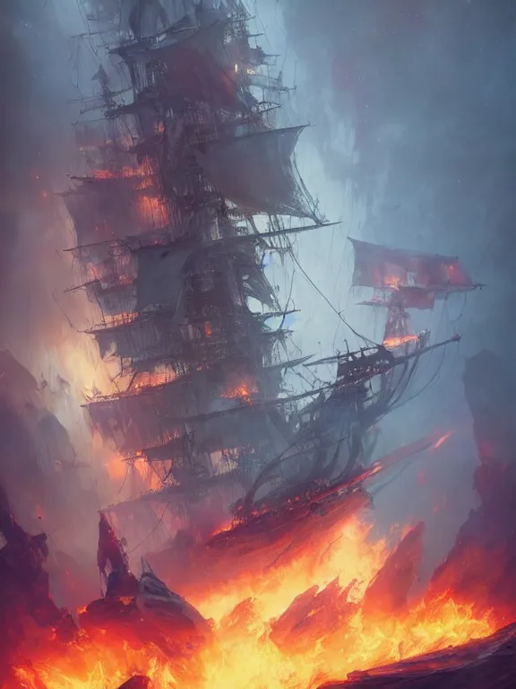 Image similar to photo of 8k ultra realistic pirate ghost ship on fire, full of colour, cinematic lighting, battered, trending on artstation, 4k, hyperrealistic, focused, extreme details,unreal engine 5, cinematic, masterpiece, art by Peter Mohrbacher