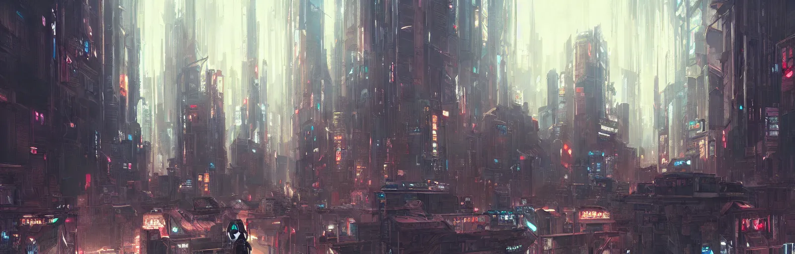 Prompt: a painting of a cyberpunk city trending on artstation in the style of greg rutkowski and banksy