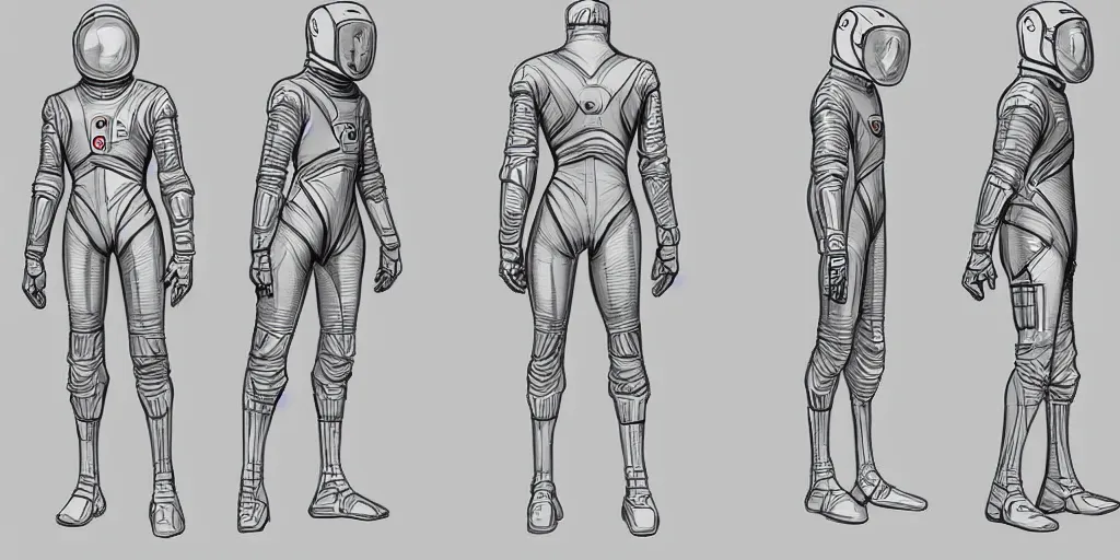Image similar to male, space suit, character sheet, digital sketch, very stylized, large shoulders, short torso, long thin legs, cartoon proportions, tiny feet, concept design, by jean giraud