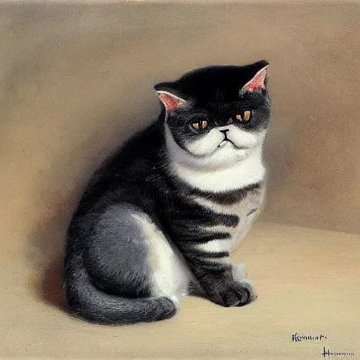 Image similar to exotic shorthair cat, solid grey, beautiful painting by henriette ronner - knip