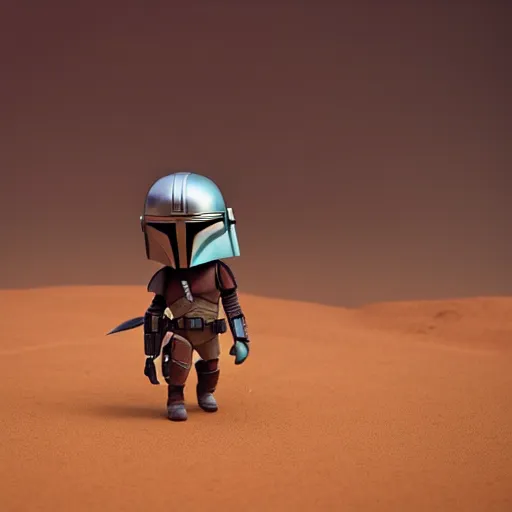 Prompt: mandalorian as nendoroid walking in a desert with two moons in the croods movie style, muted colours, anime, disney, pixar, 8 k, hd, dof, kodak film, volumetric lighting, subsurface scattering, photorealistic, octane render, details