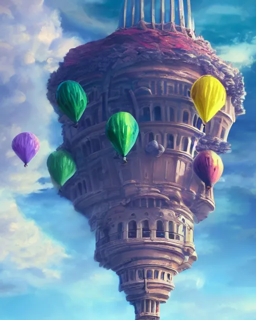 Image similar to flying cloud castle, buildings, baloons, atmosphere, glow, detailed, full of colour, cinematic lighting, trending on artstation, 4 k, hyperrealistic, extreme details, bright, blue sky, mountains, fantasy, masterpiece, art by wylie beckert