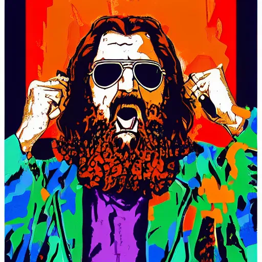 Prompt: blotter acid art The dude Lebowski