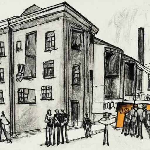 Image similar to The drawing depicts a police station in the Lithuanian city of Vilnius. In the foreground, a group of policemen are standing in front of the building, while in the background a busy street can be seen. screen printing by Heinrich Kley, by Wilfredo Lam daring, evocative