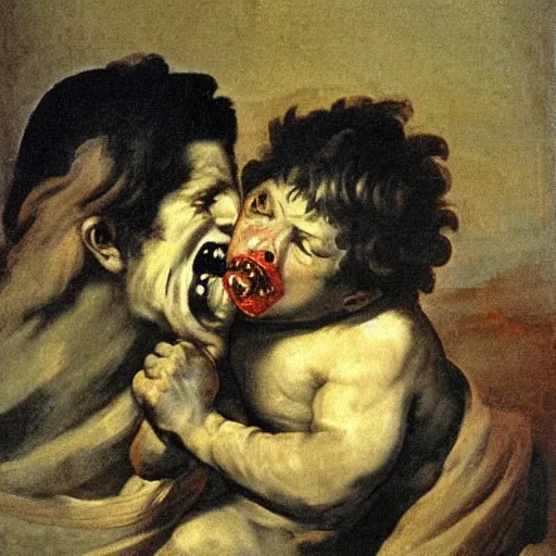 Image similar to saturn devouring his son, painting by francisco goya