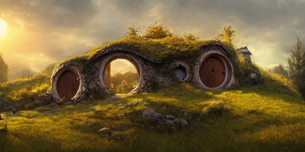 Prompt: a hobbit house in a grass field hill, greg rutkowski, zabrocki, moebius, karlkka, jayison devadas, highly detailed, photorealism, sharp details, autumn sunlights, smoky atmosphere, ( ray of sunlight ), 8 k, ultra wide angle