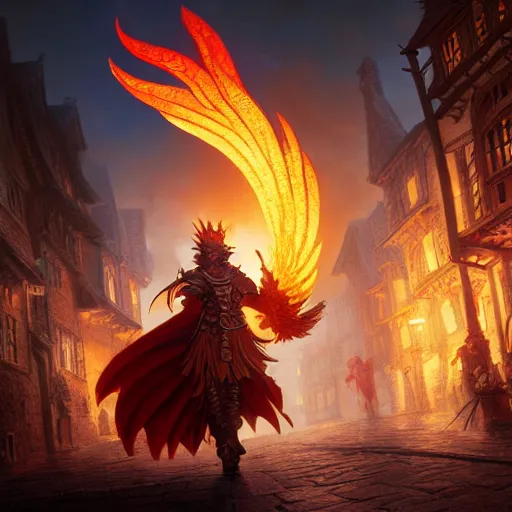 Image similar to Anthropomorphic phoenix in fire flying through a medieval town by night, DnD character, unreal engine, octane render, dramatic lighting, pond, digital art, by Stanley Artgerm Lau, greg rutkowski, thomas kindkade, alphonse mucha, loish, norman Rockwell