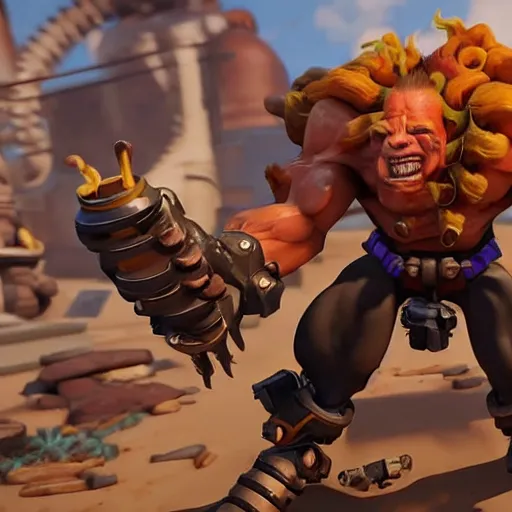 Image similar to a screenshot of junkrat arnold schwarzenegger as junkrat in overwatch